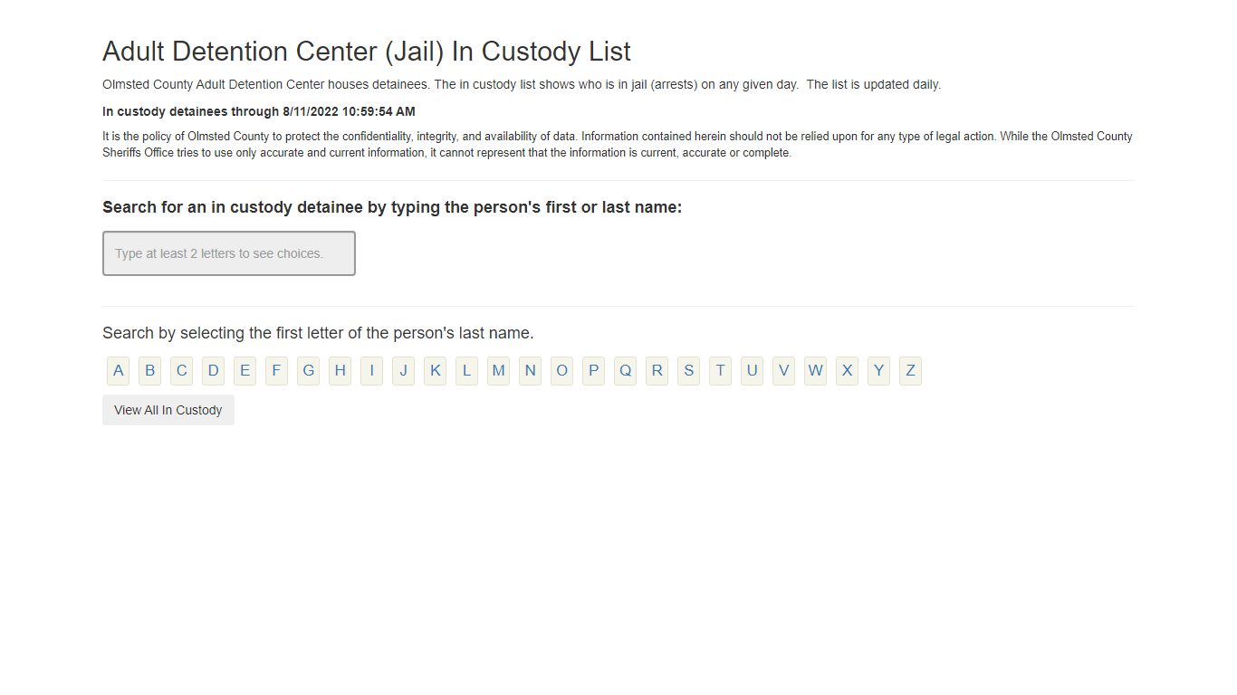 Adult Detention Center (Jail) In Custody List